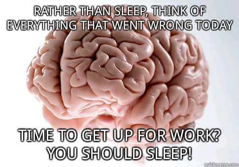 Rather than sleep, think of everything that went wrong today Time to get up for work? You should sleep!  Scumbag Brain