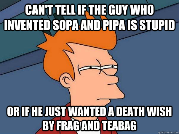 can't tell if the guy who invented SOPA and PIPA is stupid or if he just wanted a death wish by frag and teabag - can't tell if the guy who invented SOPA and PIPA is stupid or if he just wanted a death wish by frag and teabag  Futurama Fry
