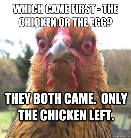 Which came first - the chicken or the egg? They both came.  Only the chicken left.  RageChicken
