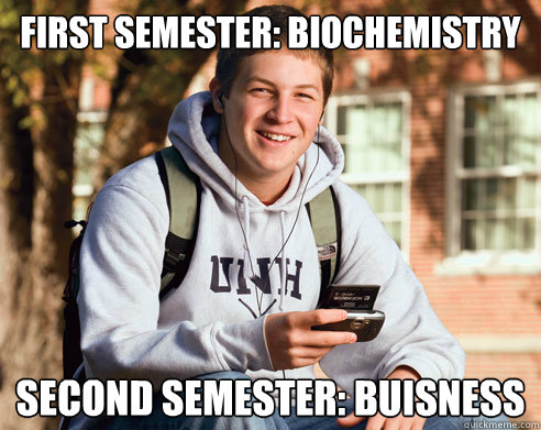 First Semester: Biochemistry Second Semester: Buisness  College Freshman