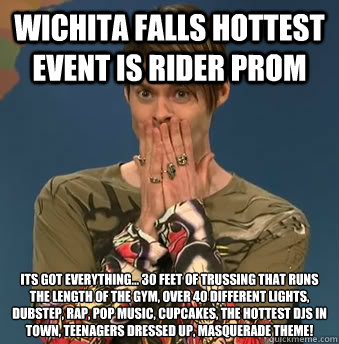 Wichita Falls Hottest Event is rider prom Its got everything... 30 feet of trussing that runs the length of the gym, over 40 different lights, dubstep, rap, pop music, cupcakes, the hottest DJs in town, teenagers dressed up, masquerade theme! - Wichita Falls Hottest Event is rider prom Its got everything... 30 feet of trussing that runs the length of the gym, over 40 different lights, dubstep, rap, pop music, cupcakes, the hottest DJs in town, teenagers dressed up, masquerade theme!  rider prom
