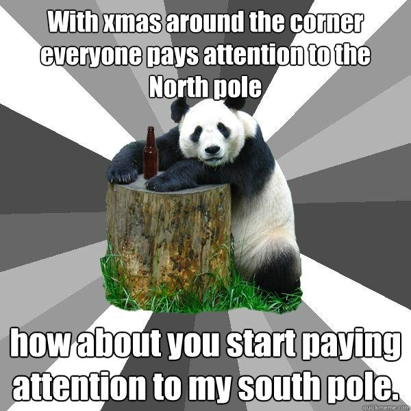 With xmas around the corner everyone pays attention to the North pole how about you start paying attention to my south pole.  Pickup-Line Panda