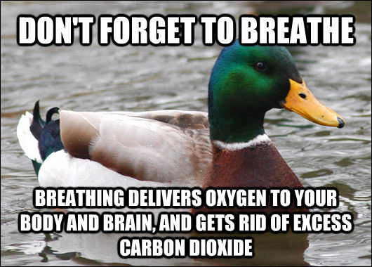 DON'T FORGET TO BREATHE BREATHING DELIVERS OXYGEN TO YOUR BODY AND BRAIN, AND GETS RID OF EXCESS CARBON DIOXIDE - DON'T FORGET TO BREATHE BREATHING DELIVERS OXYGEN TO YOUR BODY AND BRAIN, AND GETS RID OF EXCESS CARBON DIOXIDE  Actual Advice Mallard