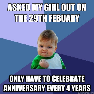ASKED MY GIRL OUT ON THE 29TH FEBUARY ONLY HAVE TO CELEBRATE ANNIVERSARY EVERY 4 YEARS - ASKED MY GIRL OUT ON THE 29TH FEBUARY ONLY HAVE TO CELEBRATE ANNIVERSARY EVERY 4 YEARS  Success Kid