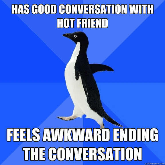 Has good conversation with hot friend Feels awkward ending the conversation  Socially Awkward Penguin