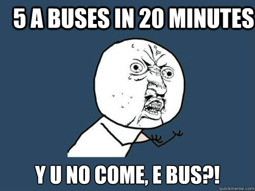 5 A buses in 20 minutes Y U NO COME, E BUS?!  Y U No