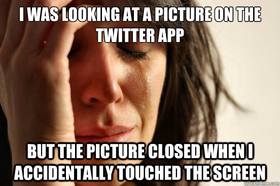 I was looking at a picture on the twitter app but the picture closed when i accidentally touched the screen  First World Problems