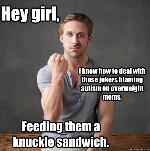 Hey girl, I know how to deal with those jokers blaming autism on overweight moms. Feeding them a knuckle sandwich.  