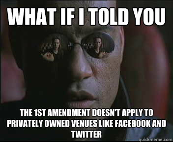 What if i told you the 1st amendment doesn't apply to privately owned venues like facebook and twitter - What if i told you the 1st amendment doesn't apply to privately owned venues like facebook and twitter  Morpheus.