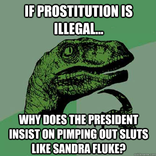 If Prostitution is Illegal... Why does the President Insist on Pimping out Sluts like Sandra Fluke?  Philosoraptor