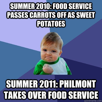 Summer 2010: Food service passes carrots off as sweet potatoes Summer 2011: Philmont takes over food service  Success Kid