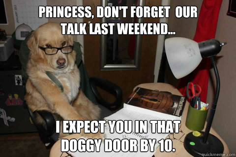 Princess, don't forget  our 
talk last weekend... I expect you in that 
doggy door by 10.  Disapproving Dad Dog