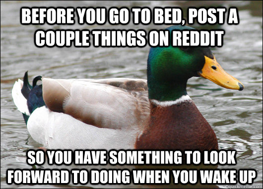 Before you go to bed, post a couple things on Reddit so you have something to look forward to doing when you wake up  Actual Advice Mallard