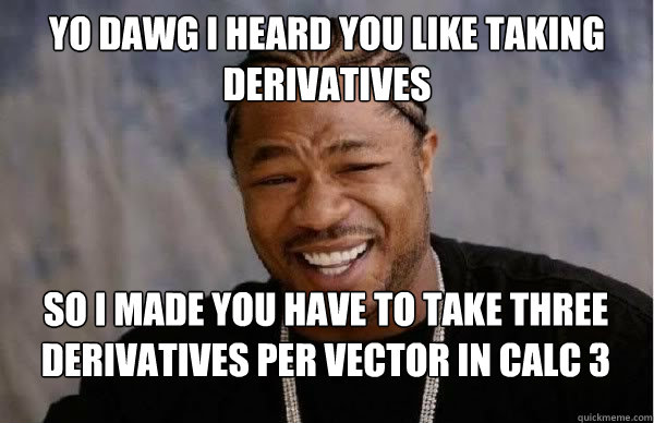 Yo Dawg i heard you like taking derivatives so i made you have to take three derivatives per vector in calc 3 - Yo Dawg i heard you like taking derivatives so i made you have to take three derivatives per vector in calc 3  Yo Dawg BFMV
