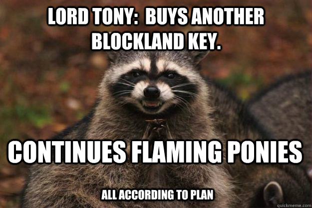 Lord Tony:  Buys another Blockland key. Continues flaming ponies ALL ACCORDING TO PLAN  Evil Plotting Raccoon