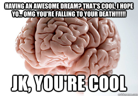 having an awesome dream? That's cool, i hope yo... omg you're falling to your death!!!!!! jk, you're cool  Scumbag Brain