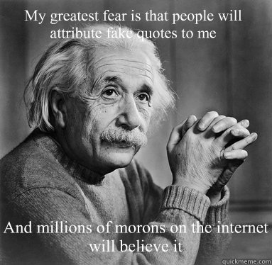 My greatest fear is that people will attribute fake quotes to me And millions of morons on the internet will believe it - My greatest fear is that people will attribute fake quotes to me And millions of morons on the internet will believe it  Albert Einstein