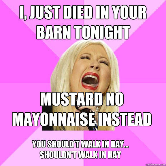 I, just died in your barn tonight mustard no mayonnaise instead you should't walk in hay... shouldn't walk in hay  Wrong Lyrics Christina