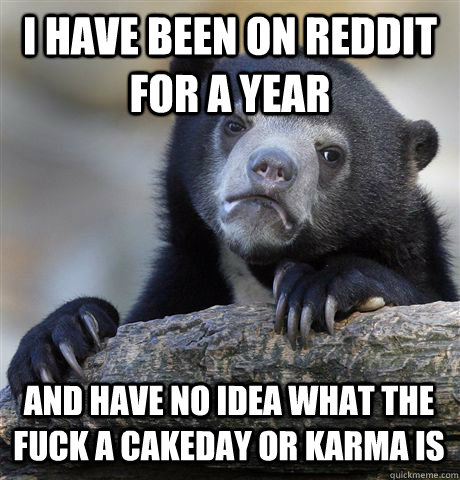 I HAVE BEEN ON REDDIT FOR A YEAR AND HAVE NO IDEA WHAT THE FUCK A CAKEDAY OR KARMA IS - I HAVE BEEN ON REDDIT FOR A YEAR AND HAVE NO IDEA WHAT THE FUCK A CAKEDAY OR KARMA IS  Confession Bear