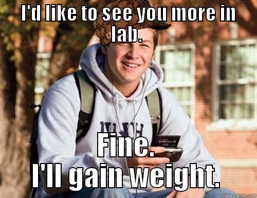  I'D LIKE TO SEE YOU MORE IN LAB. FINE. I'LL GAIN WEIGHT. College Freshman