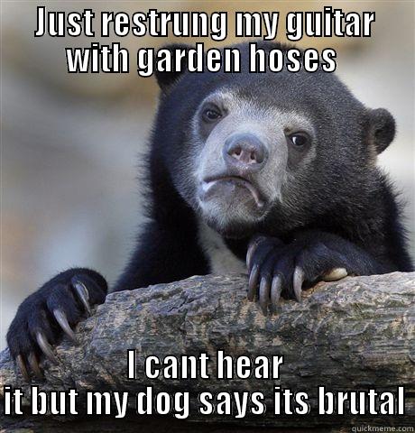 JUST RESTRUNG MY GUITAR WITH GARDEN HOSES  I CANT HEAR IT BUT MY DOG SAYS ITS BRUTAL Confession Bear