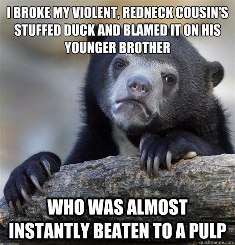 I broke my violent, redneck cousin's stuffed duck and blamed it on his younger brother who was almost instantly beaten to a pulp  Confession Bear