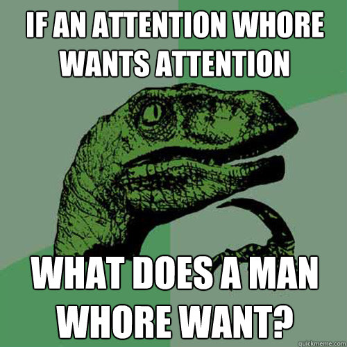 If an attention whore wants attention What does a man whore want?  Philosoraptor