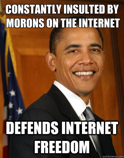 Constantly insulted by
 morons on the internet Defends internet freedom  Good guy Obama