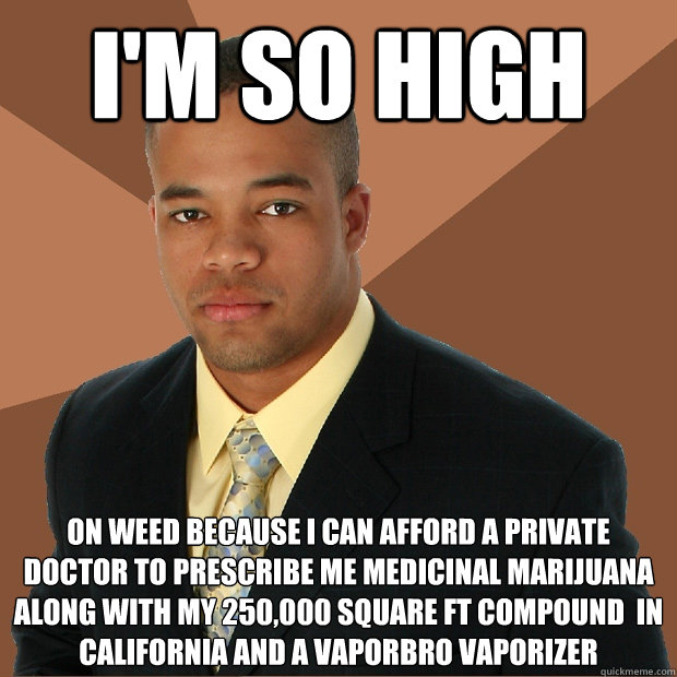 I'm so high on weed because I can afford a private doctor to prescribe me medicinal marijuana along with my 250,000 square ft compound  in California and a vaporbro vaporizer       - I'm so high on weed because I can afford a private doctor to prescribe me medicinal marijuana along with my 250,000 square ft compound  in California and a vaporbro vaporizer        Successful Black Man
