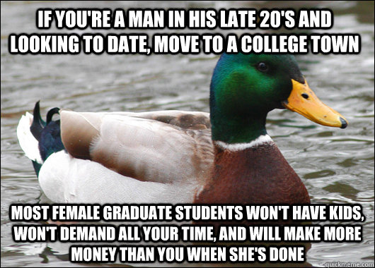 If you're a man in his late 20's and looking to date, move to a college town most female graduate students won't have kids, won't demand all your time, and will make more money than you when she's done  Actual Advice Mallard