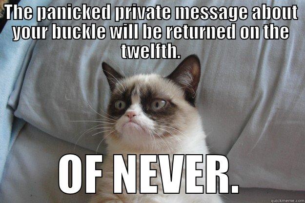 THE PANICKED PRIVATE MESSAGE ABOUT YOUR BUCKLE WILL BE RETURNED ON THE TWELFTH. OF NEVER. Grumpy Cat