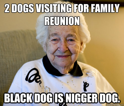 2 Dogs visiting for family reunion
 Black dog is Nigger dog.  Scumbag Grandma