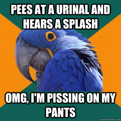 Pees at a urinal and hears a splash OMG, I'M PISSING ON MY PANTs  Paranoid Parrot
