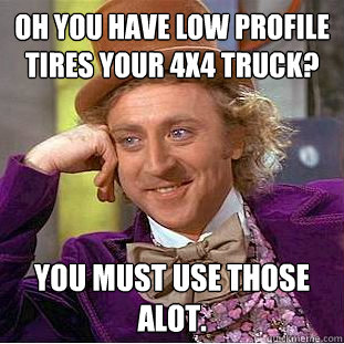 Oh you have low profile tires your 4x4 truck? You must use those alot.  Condescending Wonka