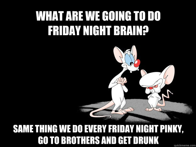 What are we going to do 
Friday Night Brain? same thing we do every friday night pinky, go to brothers and get drunk  IC Pinky and The Brain
