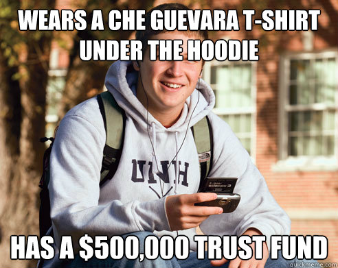Wears a Che Guevara T-shirt under the hoodie
 Has a $500,000 trust fund  College Freshman