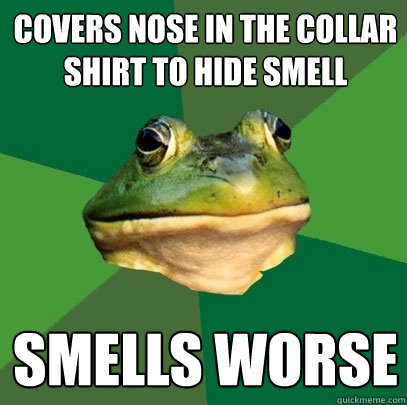 covers nose in the collar  shirt to hide smell smells worse  Foul Bachelor Frog