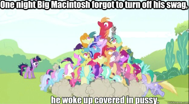 One night Big Macintosh forgot to turn off his swag, he woke up covered in pussy.  