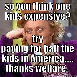 SO YOU THINK ONE KIDS EXPENSIVE? TRY PAYING FOR HALF THE KIDS IN AMERICA..... THANKS WELFARE.  Condescending Wonka