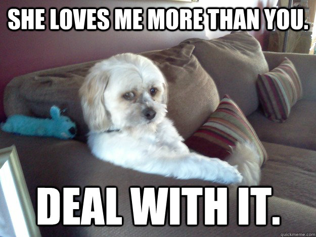 She loves me more than you. Deal with it.  Worry Mutt