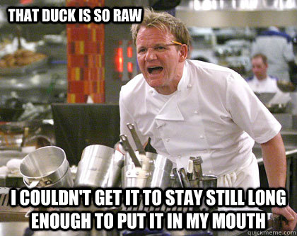 i couldn't get it to stay still long enough to put it in my mouth that duck is so raw  Ramsay Gordon Yelling