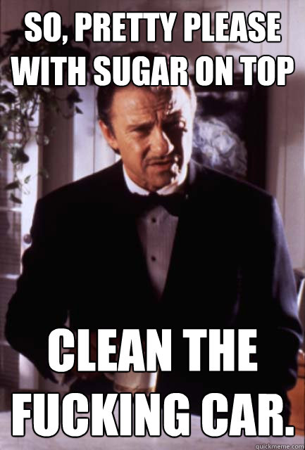 So, pretty please with sugar on top
 Clean the fucking car.  Insanity Wolf