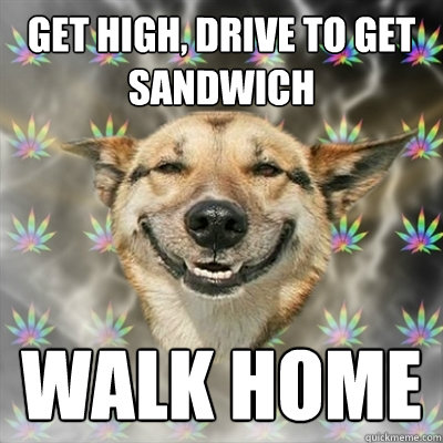get high, drive to get sandwich Walk home  Stoner Dog