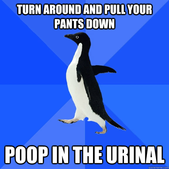 Turn around and pull your pants down poop in the urinal  Socially Awkward Penguin