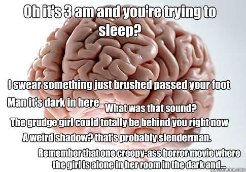 Oh it's 3 am and you're trying to sleep? Man it's dark in here The grudge girl could totally be behind you right now What was that sound?  A weird shadow? that's probably slenderman. Remember that one creepy-ass horror movie where the girl is alone in her  Scumbag Brain