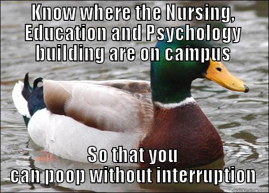 KNOW WHERE THE NURSING, EDUCATION AND PSYCHOLOGY BUILDING ARE ON CAMPUS SO THAT YOU CAN POOP WITHOUT INTERRUPTION Actual Advice Mallard