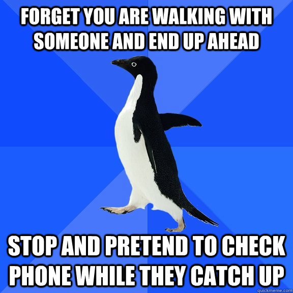 Forget you are walking with someone and end up ahead Stop and pretend to check phone while they catch up  Socially Awkward Penguin