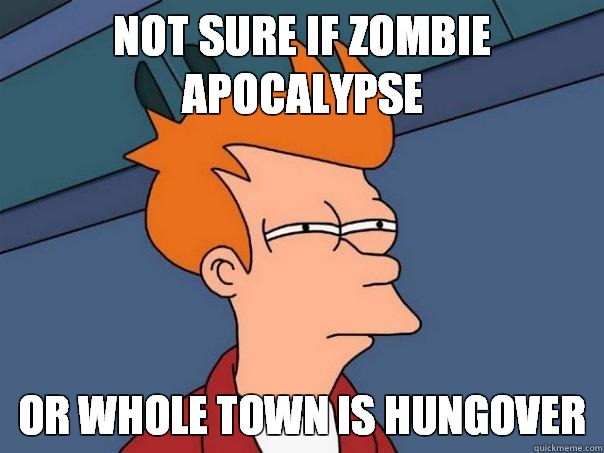Not sure if Zombie apocalypse Or whole town is hungover  Futurama Fry