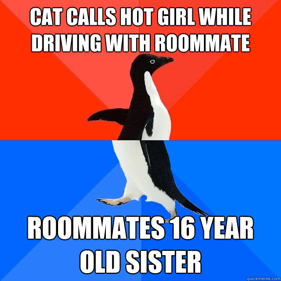 Cat calls hot girl while driving with roommate roommates 16 year old sister  Socially Awesome Awkward Penguin