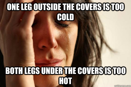 One leg outside the covers is too cold Both legs under the covers is too hot  First World Problems